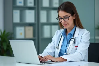 Infirmiere en blouse bleue travaillant sur un ordinateur dans un bureau medical