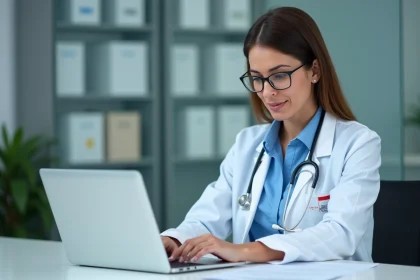 Infirmiere en blouse bleue travaillant sur un ordinateur dans un bureau medical