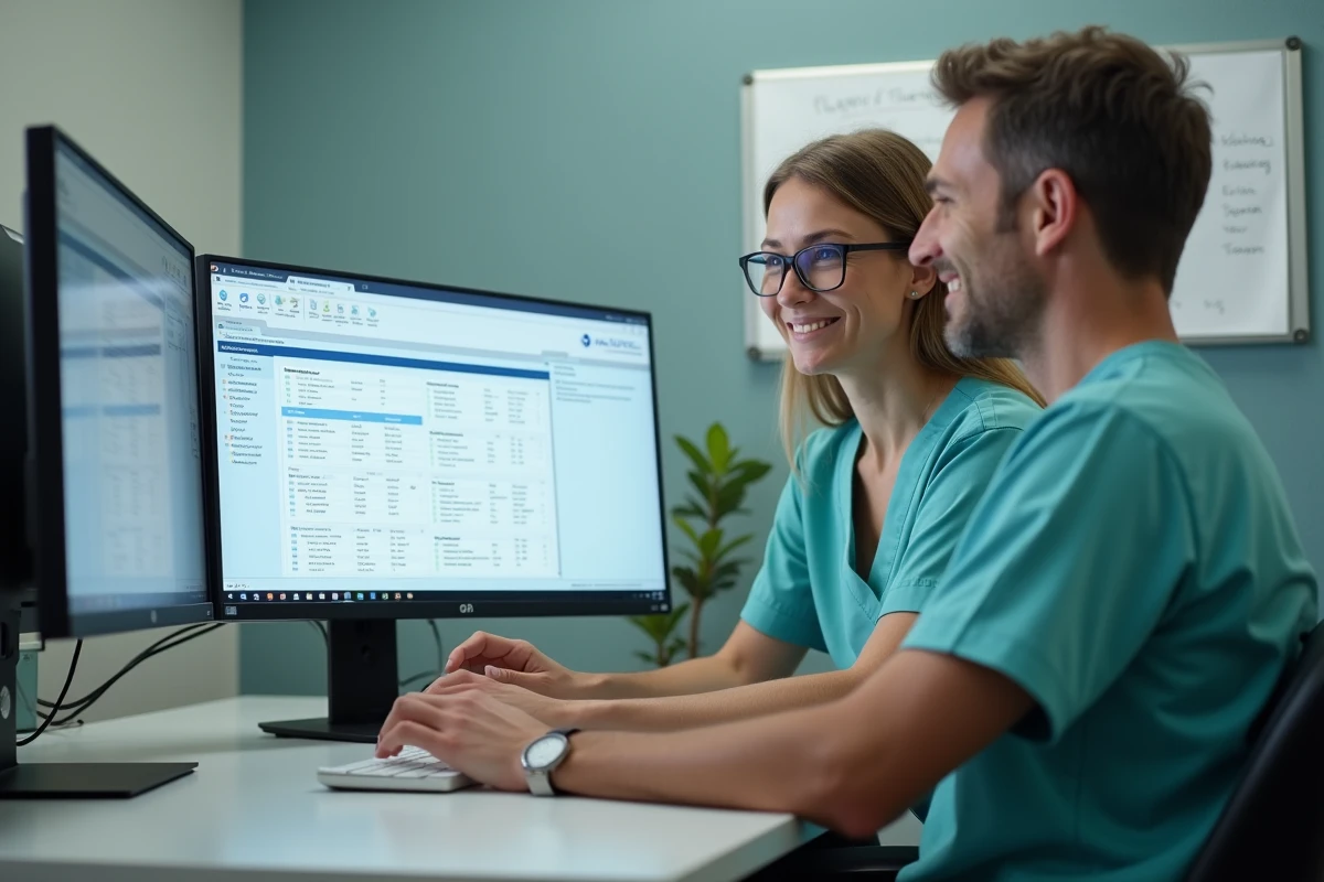 Deux professionnels de santé collaborant sur un logiciel de gestion de dossiers et de suivi de conformité dans une structure médico-sociale