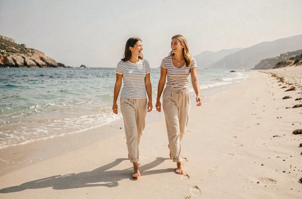 Mère et adolescente se promenant pieds nus sur une plage ensoleillée profitant de l'exposition aux UV pour synthétiser naturellement la vitamine D