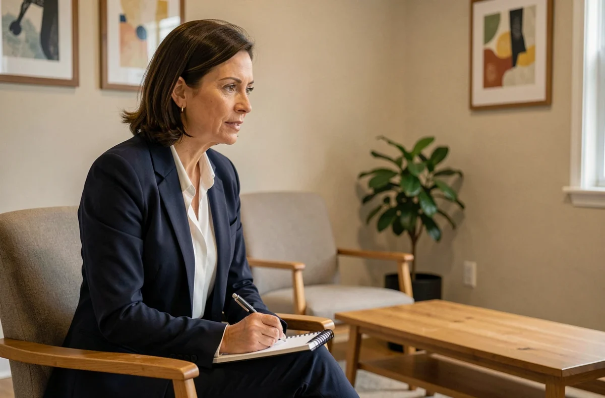 Psychologue spécialisée en relations toxiques dans son cabinet de thérapie, illustrant un accompagnement professionnel face au phénomène du bonhomme allumette