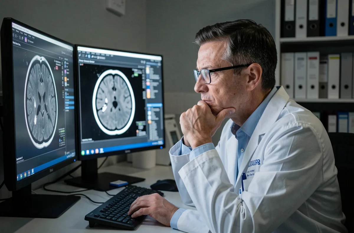 Radiologue analysant des images IRM cérébrales sur écran dans une salle de lecture hospitalière