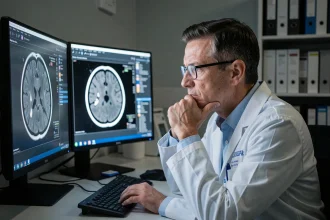 Radiologue analysant des images IRM cérébrales sur écran dans une salle de lecture hospitalière