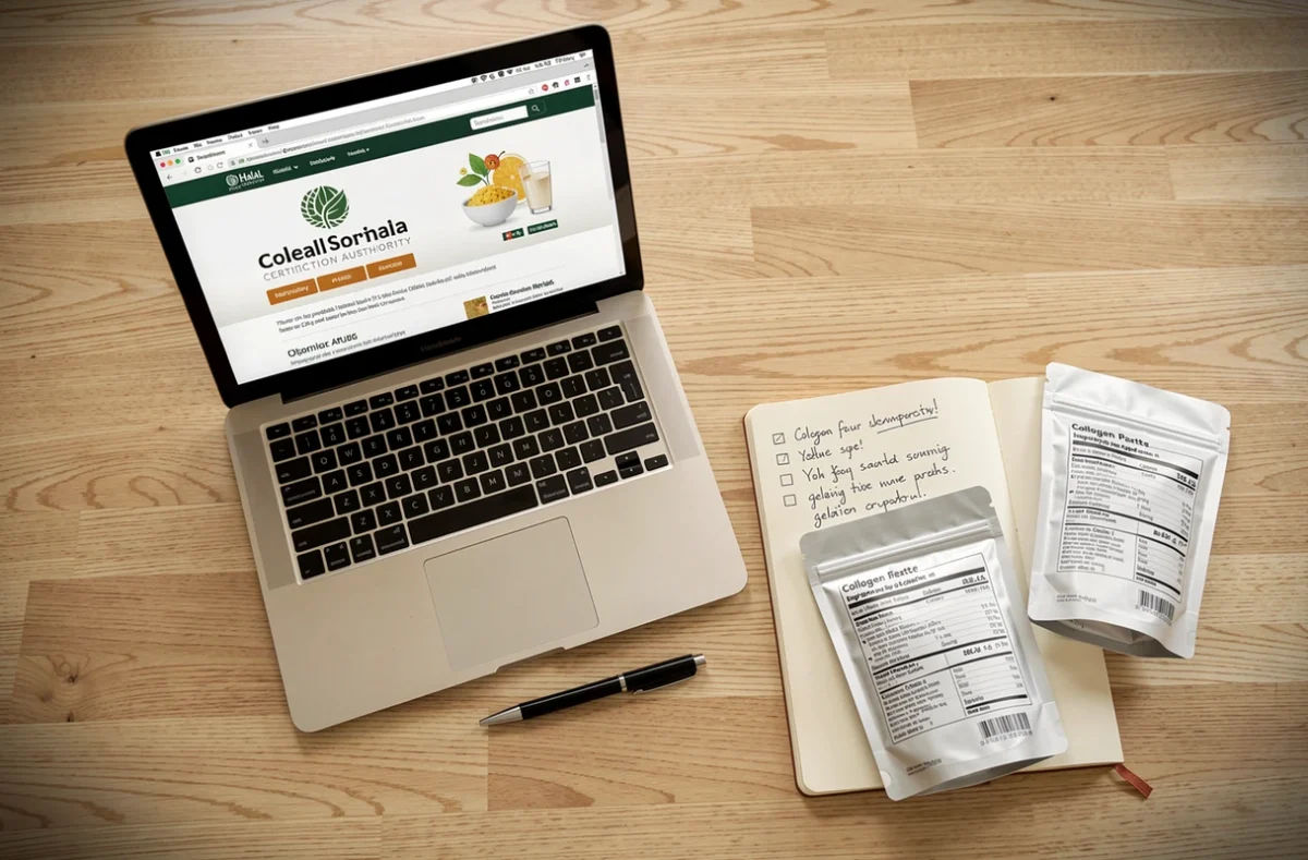 Bureau avec ordinateur affichant un site de certification halal, carnet de notes et suppléments de collagène