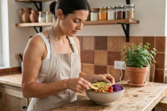 Femme préparant un bol végétarien équilibré dans une cuisine rustique, illustrant la méthode minceur Didier Pol adaptée aux végétariens