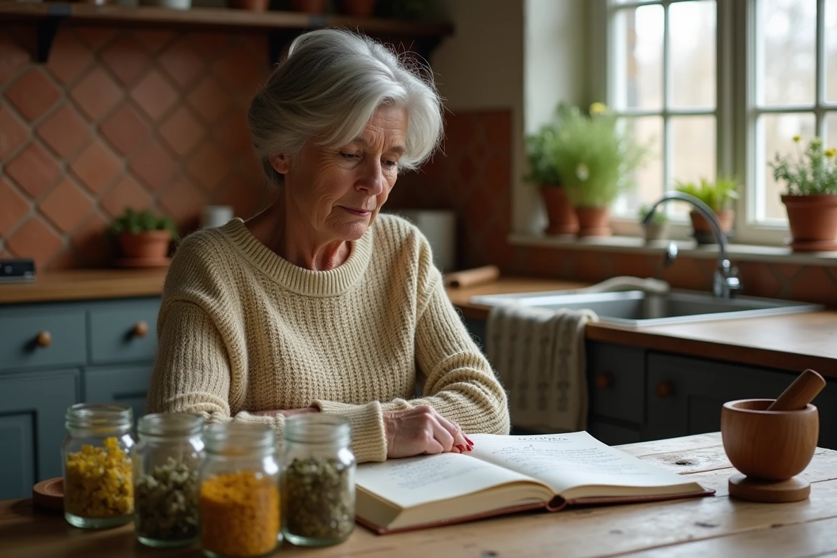 Femme mature consultant un livre de remèdes naturels de grand-mère avec des herbes médicinales sur une table de cuisine rustique