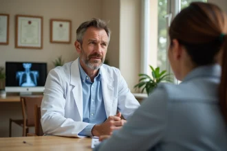 Rhumatologue en consultation avec un patient dans son cabinet médical à Nîmes