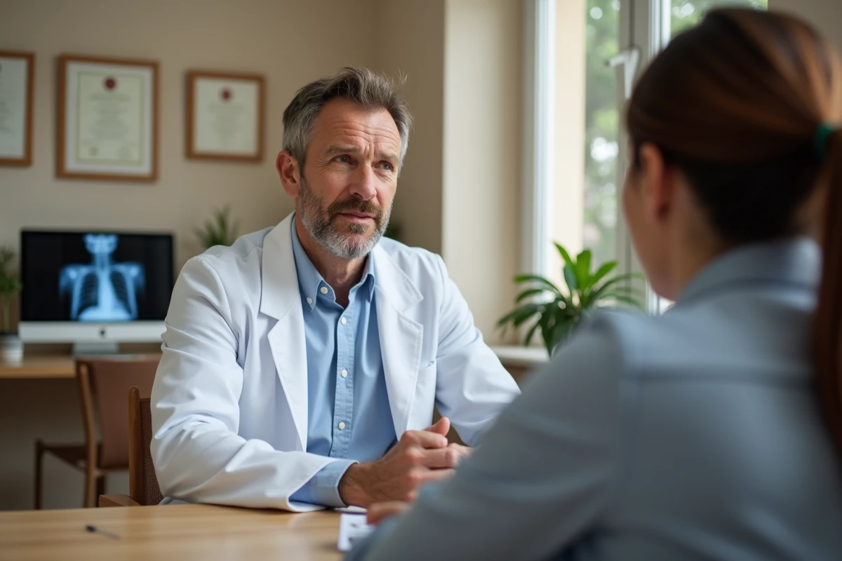 Rhumatologue en consultation avec un patient dans son cabinet médical à Nîmes