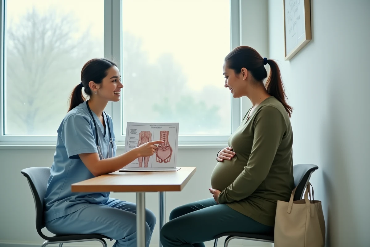 Sage-femme expliquant à une femme enceinte les causes des ganglions inguinaux lors d'une consultation prénatale