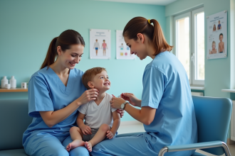 Infirmiere pediatrique rassurant un enfant lors d'une vaccination
