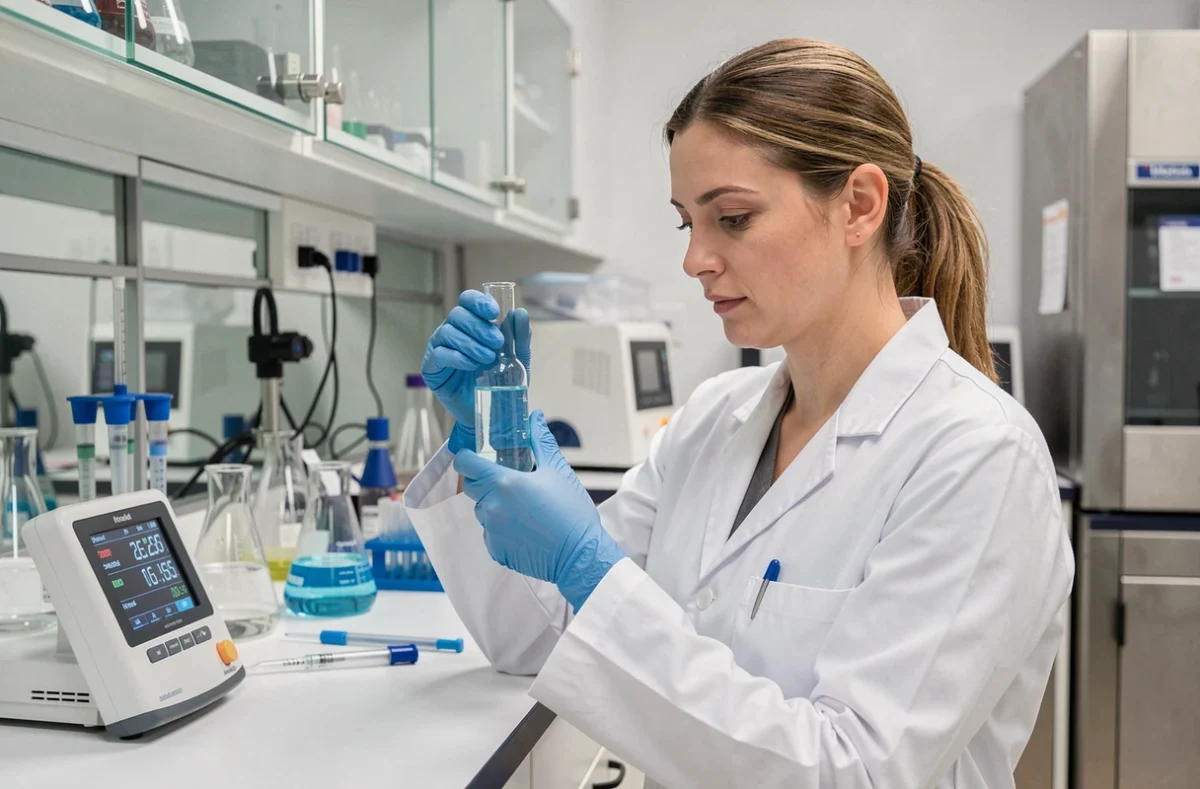 Scientifique en blouse blanche analysant une solution en laboratoire pour convertir des concentrations mmol/L en g/L