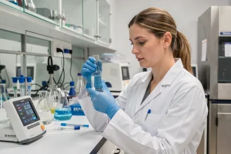 Scientifique en blouse blanche analysant une solution en laboratoire pour convertir des concentrations mmol/L en g/L