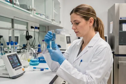 Scientifique en blouse blanche analysant une solution en laboratoire pour convertir des concentrations mmol/L en g/L
