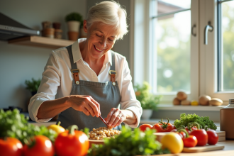 Femme senior souriante préparant un repas sain avec légumes frais