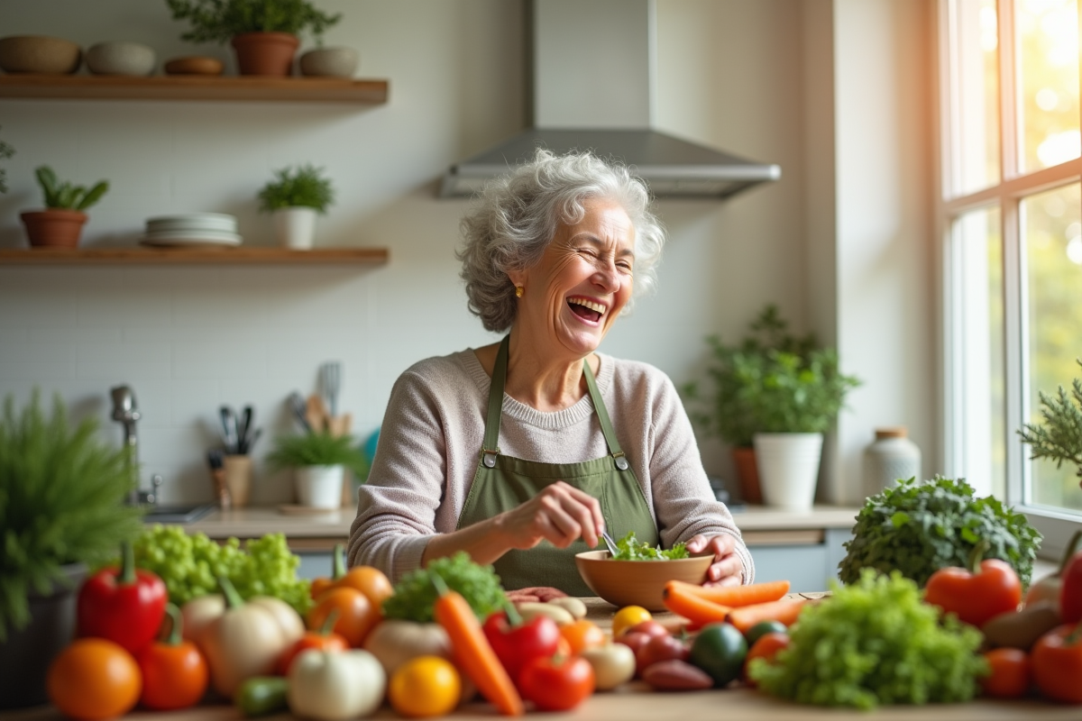 Femme senior préparant un bol de légumes frais riches en vitamine PP
