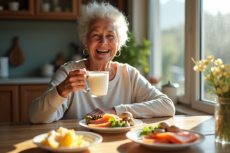 Seniore souriante buvant du lait dans une cuisine lumineuse