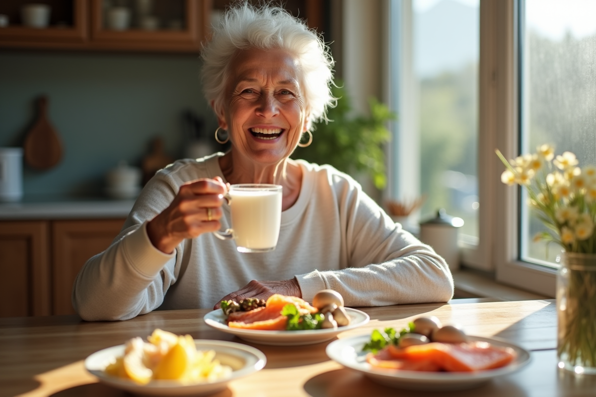 Seniore souriante buvant du lait dans une cuisine lumineuse