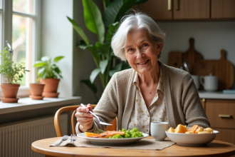 Seniorelle souriante servant un repas équilibré à la maison