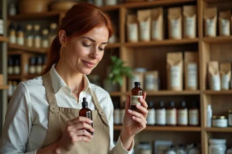 Femme examinant une bouteille de sève de bouleau dans un magasin bio avec des rayons de produits naturels en arrière-plan