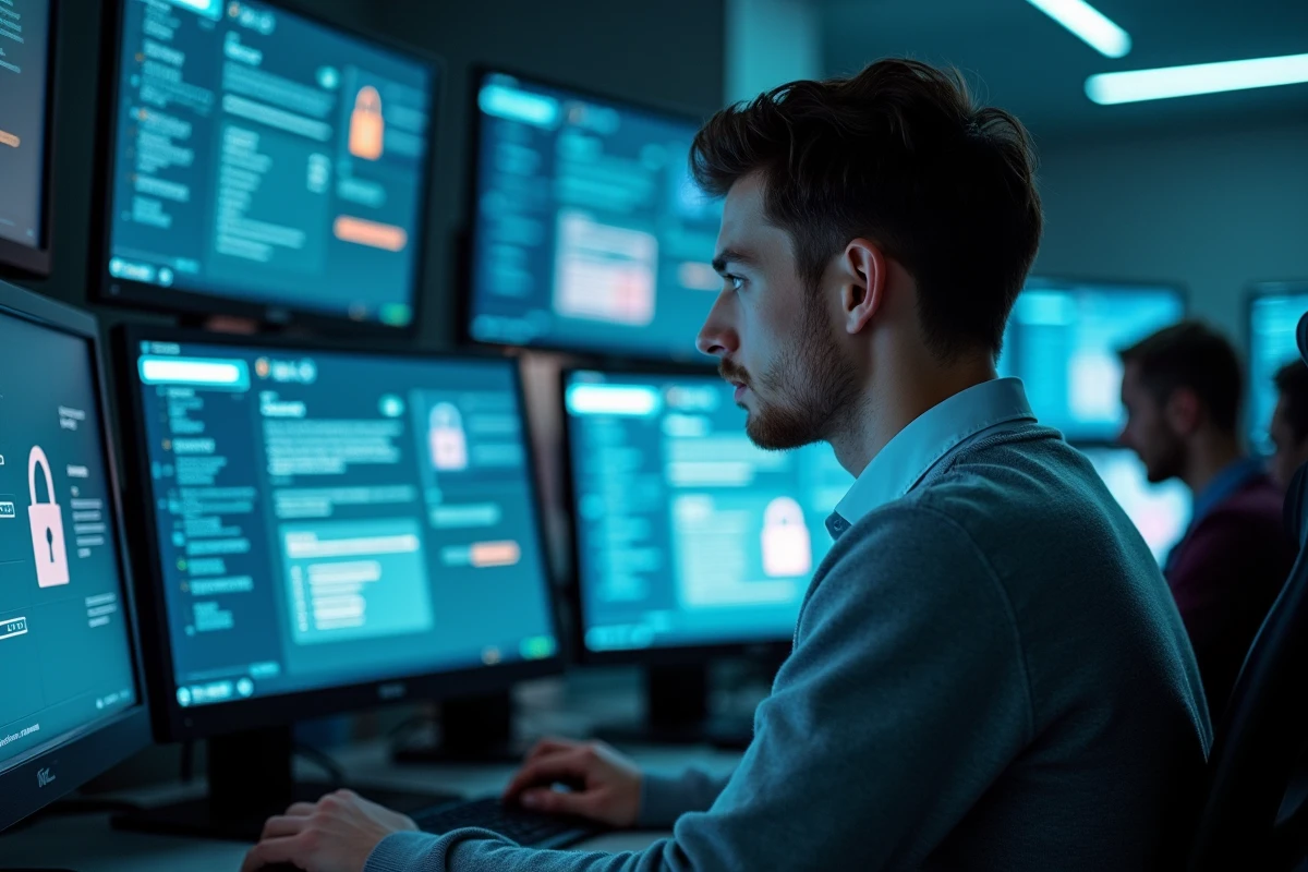 Jeune homme en salle serveurs surveillant des ecrans de securite informatique