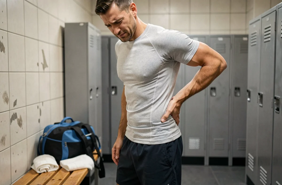 Sportif en salle de sport tenant sa fesse avec une expression de douleur, illustrant la fessalgie liée au sport