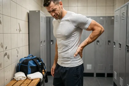 Sportif en salle de sport tenant sa fesse avec une expression de douleur, illustrant la fessalgie liée au sport