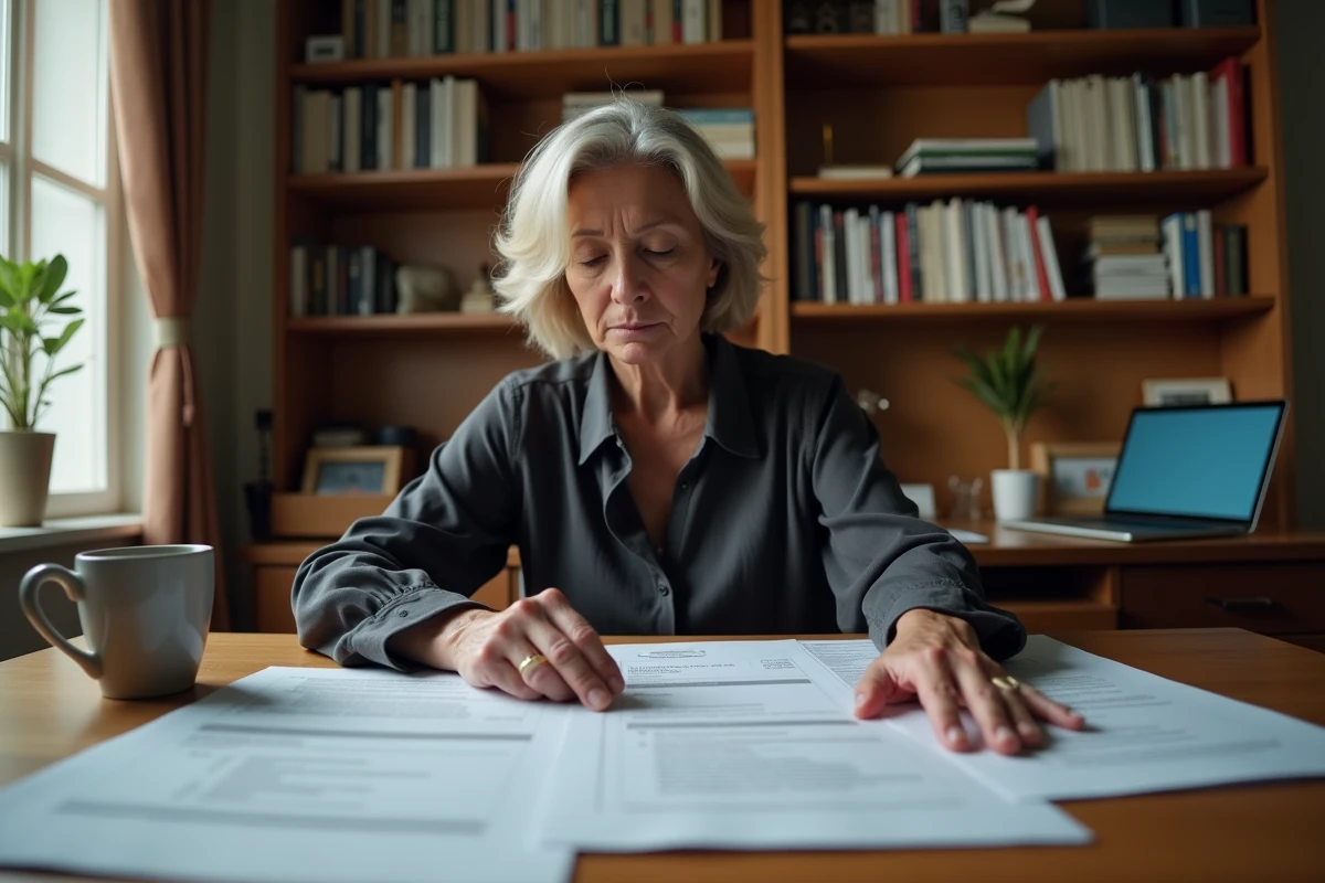 Femme consultant des documents administratifs sur le taux d'invalidité pour algodystrophie à son bureau, main gonflée posée sur les papiers