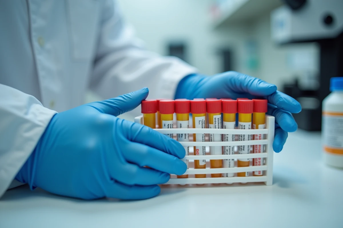 Technicien de laboratoire manipulant des tubes de prélèvement sanguin pour analyse des enzymes hépatiques SGPT