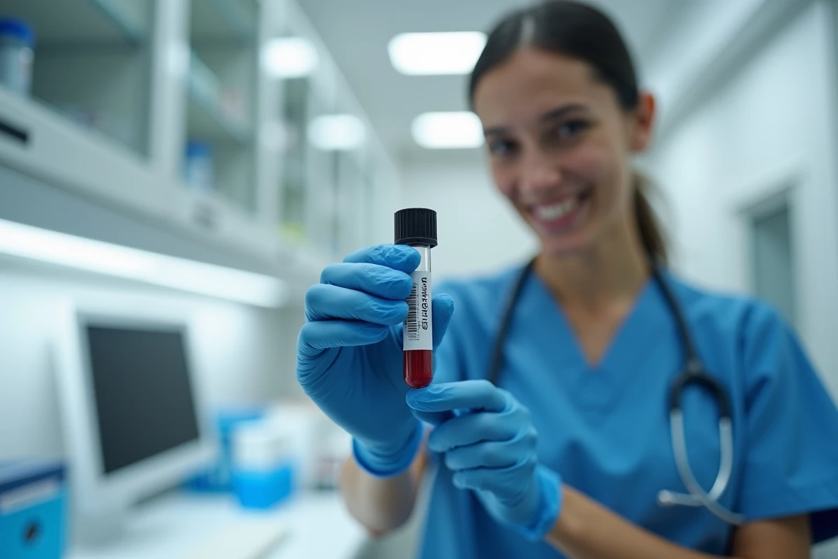 Professionnelle de santé tenant un tube de prélèvement sanguin dans un laboratoire médical moderne