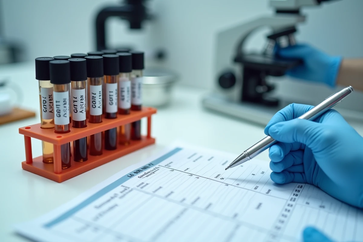 Tubes de prélèvement sanguin et rapport d'analyses hépatiques sur un plan de travail de laboratoire médical, avec valeurs de gamma GT surlignées