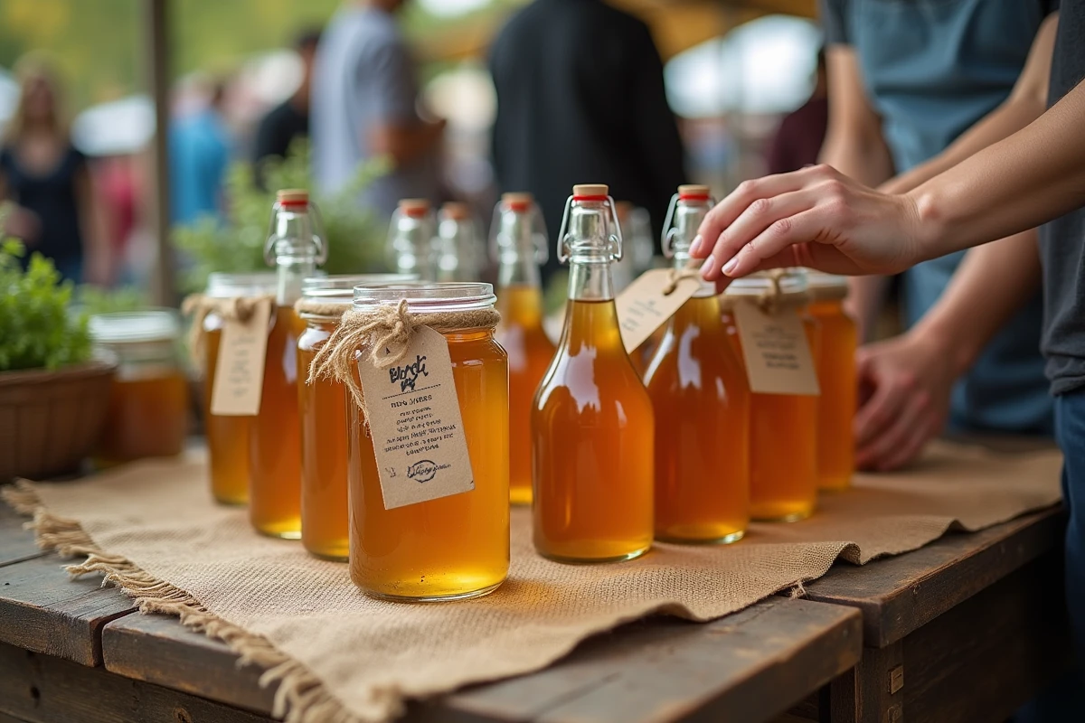 Étal de marché en plein air proposant des bouteilles de sève de bouleau fraîche en vente directe producteur avec étiquettes artisanales