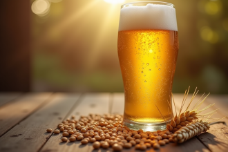 Verre de bière dorée avec condensation et grains de blé