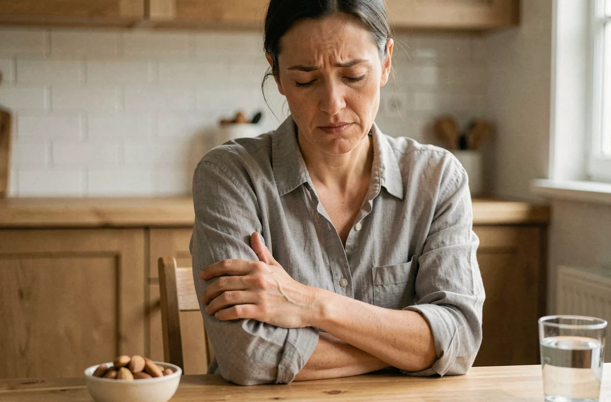 Femme ressentant des vibrations dans le bras liées à une carence en magnésium, assise dans une cuisine avec des aliments riches en nutriments
