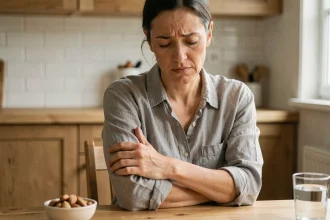 Femme ressentant des vibrations dans le bras liées à une carence en magnésium, assise dans une cuisine avec des aliments riches en nutriments