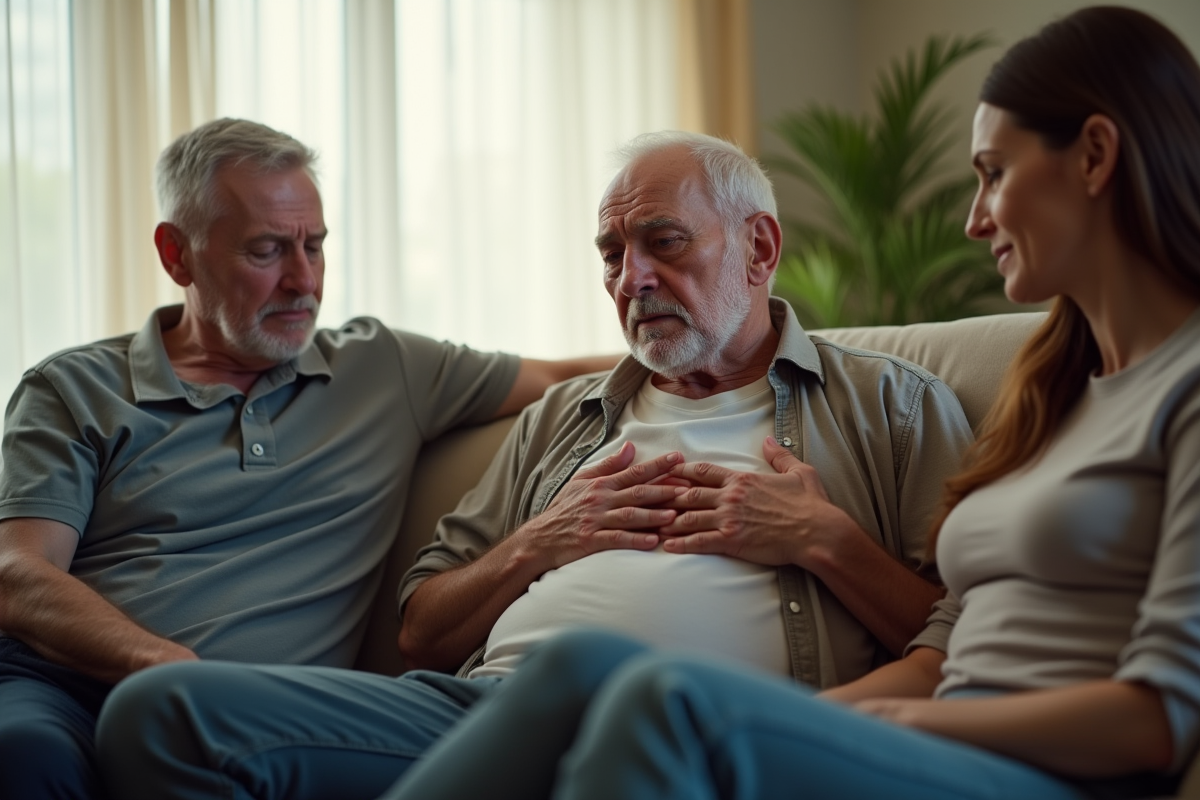Homme age en crise cardiaque sur un sofa lumineux