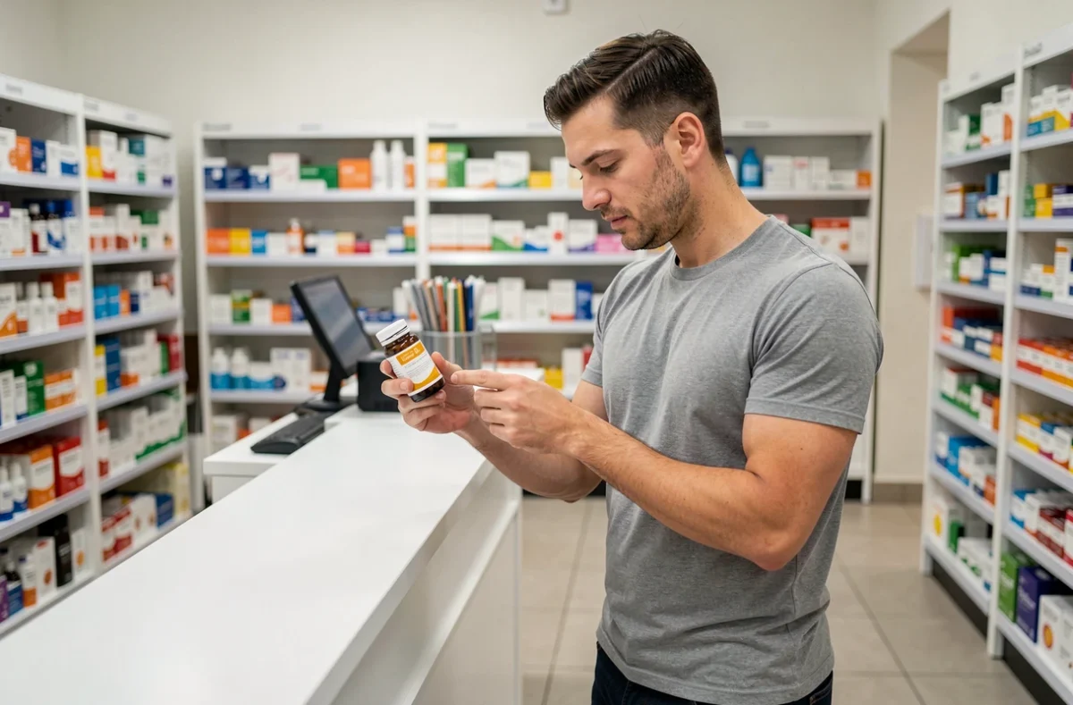 Homme consultant un flacon de vitamine D en pharmacie pour compenser un manque d'exposition aux rayons UV solaires en hiver